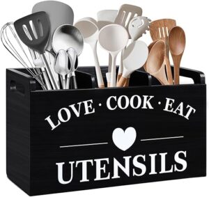 AiMQnLe 3 Compartment Wooden Utensil Holder (Black)