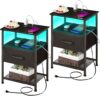 LAKEMID Black Nightstands with Charging & LED Lights