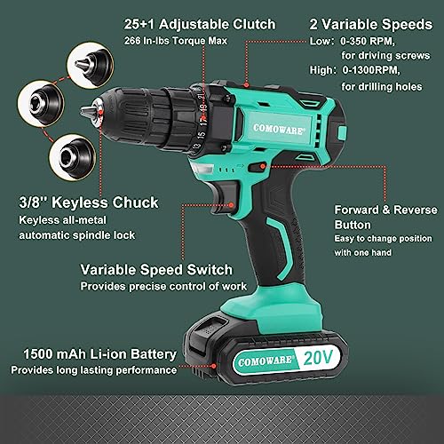 COMOWARE 20V Cordless Drill Set with Bits - Image 2