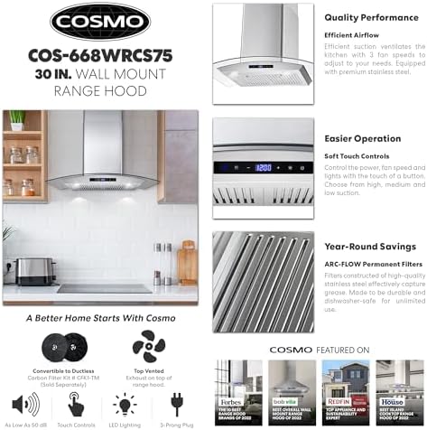 COSMO 30β Wall Mount Range Hood, Stainless Steel - Image 3