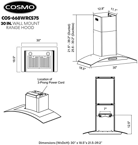 COSMO 30β Wall Mount Range Hood, Stainless Steel - Image 5