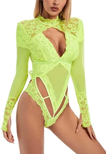 Dewinya Turtleneck Sexy Lace Long Sleeve Bodysuit - Image 3