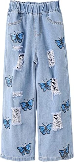 WDIRARA Butterfly Print Wide Leg Jeans