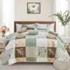 Flysheep Green Floral Plaid Patchwork Quilt Set