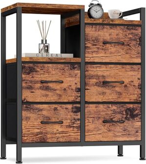 Furnulem Industrial Dresser with Fabric Drawers and Shelves