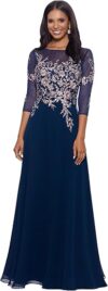 Betsy & Adam Long 3/4 Sleeve Embroidered Chiffon Gown