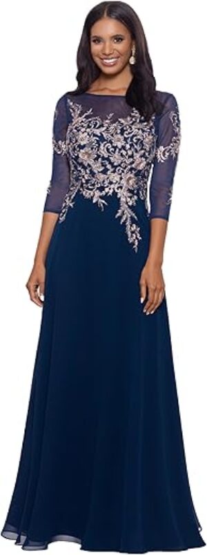 Betsy & Adam Long 3/4 Sleeve Embroidered Chiffon Gown