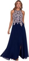 Betsy & Adam Long Chiffon Beaded Halter Dress