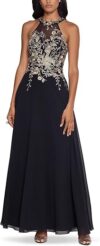 Betsy & Adam Petite Embroidered Halter Chiffon Gown