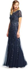 Adrianna Papell Short-sleeve Grid Beaded Gown