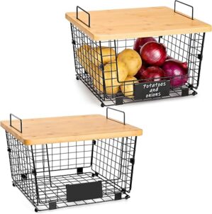 AOZITA Stackable Wire Baskets with Bamboo Tops