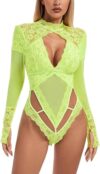 Dewinya Turtleneck Sexy Lace Long Sleeve Bodysuit