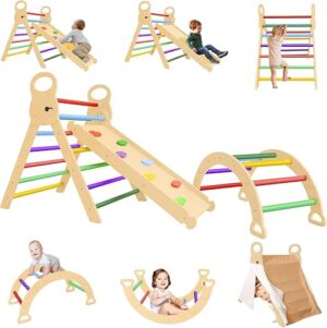 LVHERO 7 In 1 Pikler Triangle Set, Foldable Toddler Baby Climbing Toys With Arch&Ramp&Ladder, Wooden Montessori Climbing Set With Tent, Baby Climber Indoor Playground Jungle Gym For