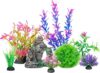 Ameliade Aquarium Decorations Plastic Plants & Rock Set (8 Pieces)