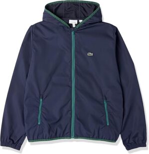 Lacoste Baby Boys Long Sleeve Hooded Taffeta Jacket, Navy Blue/Green, 10 Years US