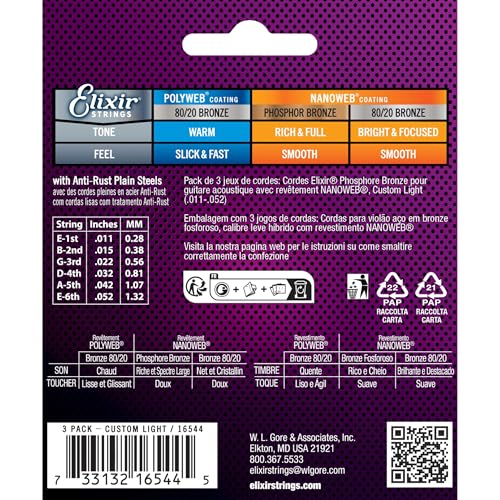 Elixir Acoustic Guitar Strings, Custom Light 11-52 - Image 3