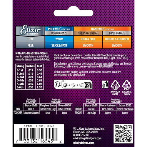 Elixir Acoustic Guitar Strings, Phosphor Bronze, Light 12-53 - Image 2