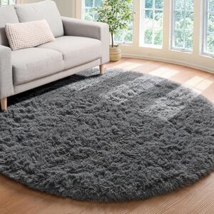 ONASAR Gray Round Area Rug 5ft, Fluffy Shaggy Carpet