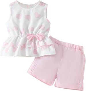 GOLLUNER Kids Heart Print Sleeveless Summer Outfit