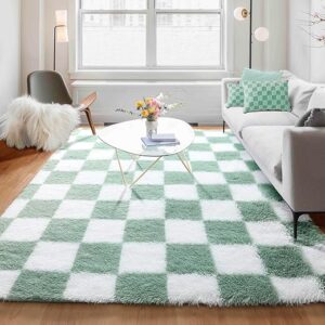 KICMOR Sage Green And White Checkered Rug