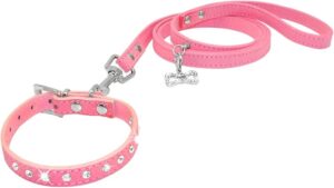 Dogs Kingdom Suede Jeweled Rhinestones Dog Collar Leash Set Pink M