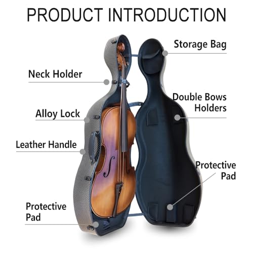 WUQIMUSC Composite Carbon Fiber Cello Case, 4/4 Size, Black - Image 3