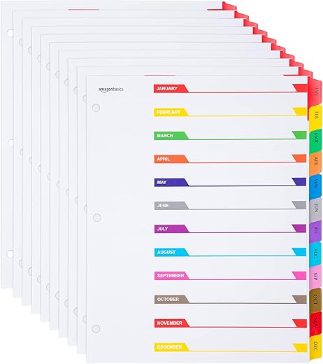 Amazon Basics 12 Tab Monthly Dividers, Multicolor, 10-Pack