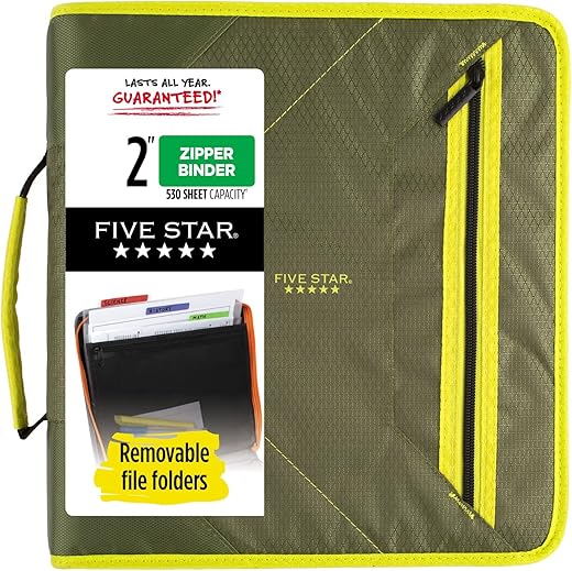 Five Star 2 Inch Zipper Binder, Olive/Citrus (290360C)
