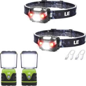 Lighting EVER 2 Pack Rechargeable LED Headlamp & 2 Pack Waterproof LED Lantern