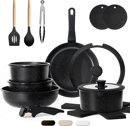Kikcoin 20 Pcs Nonstick Cookware Set With Removable Handles