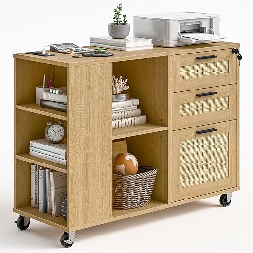 Vabches 3 Drawer Mobile Rattan Filing Cabinet