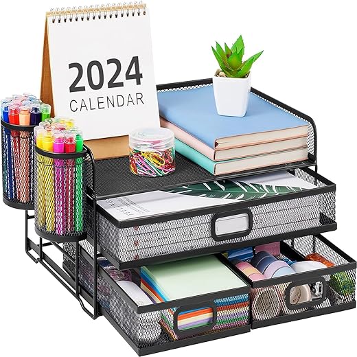 Marbrasse 3 Tier Mesh Desk Organizer with Drawer