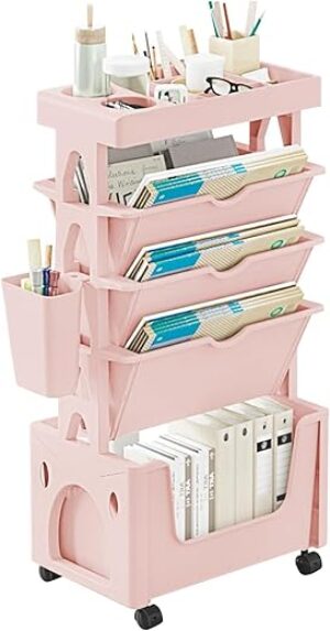 Euedue 5 Tier Mobile Bookshelf Cart With Wheels
