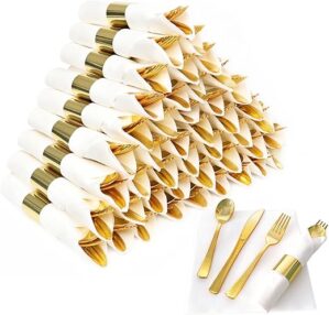 Dlebay 50 Pack Pre Rolled Gold Plastic Silverware