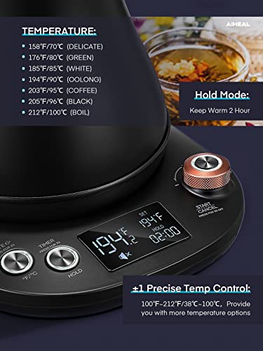 Aiheal Gooseneck Kettle With Temperature Control, Matte Black - Image 4