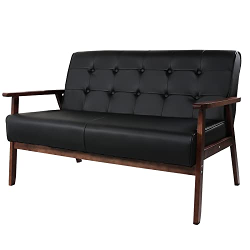 AODAILIHB Modern Wooden Leather 2-Seat Sofa, Black - Image 3