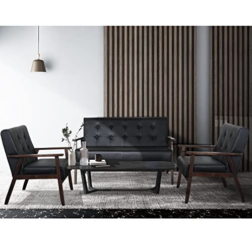 AODAILIHB Modern Wooden Leather 2-Seat Sofa, Black - Image 4