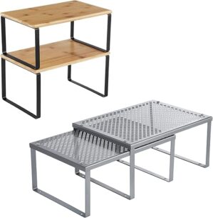SONGMICS Bamboo And Metal Shelf Organizers Bundle UKCS02NB UKCS01SV