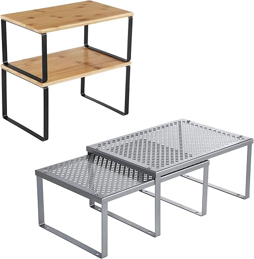 SONGMICS Bamboo And Metal Shelf Organizers Bundle UKCS02NB UKCS01SV
