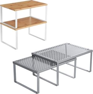 SONGMICS Bamboo & Metal Shelf Organizers Bundle, UKCS01SV & UKCS02NW
