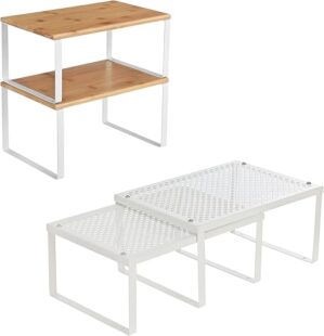 SONGMICS Bamboo & Metal Shelf Organizers Bundle UKCS01WT UKCS02NW