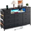 Fixwal Black Dresser With Power Outlets And LED Lights