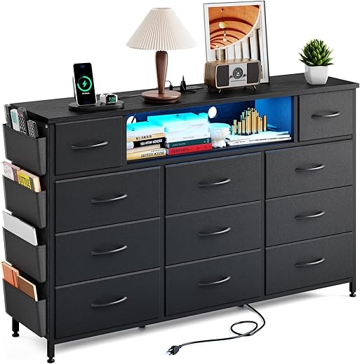 Fixwal Black Dresser With Power Outlets And LED Lights