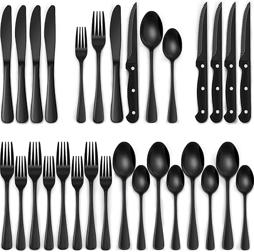 EWFEN Black Silverware Set, 24-Piece Stainless Steel