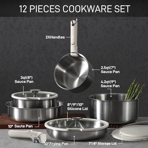 CAROTE 12pcs Stainless Steel Cookware Set With Detachable Handle - Image 2