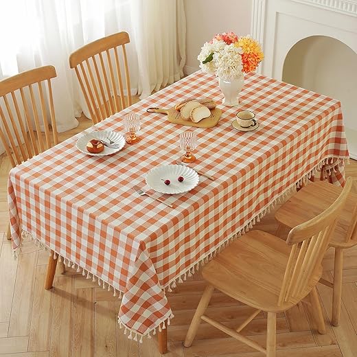 Alsoo Checkered Cotton Linen Tablecloth Orange