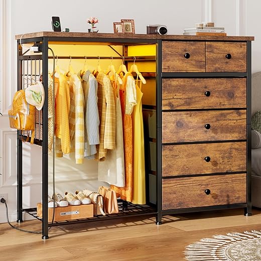 EnHomee Dresser With Hanging Rack And LED