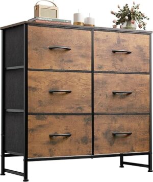 WLIVE Fabric Dresser With 6 Drawers, Rustic Brown
