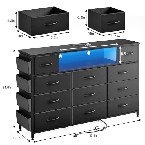 Fixwal Black Dresser With Power Outlets And LED Lights - Image 3
