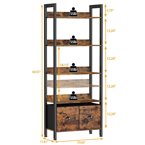 Furologee Industrial 5-Tier Bookshelf With Drawers - Image 3